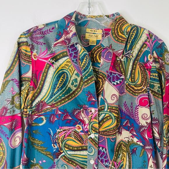 Vintage tan pink blue paisley button front office preppy top 10 - Picture 2 of 5